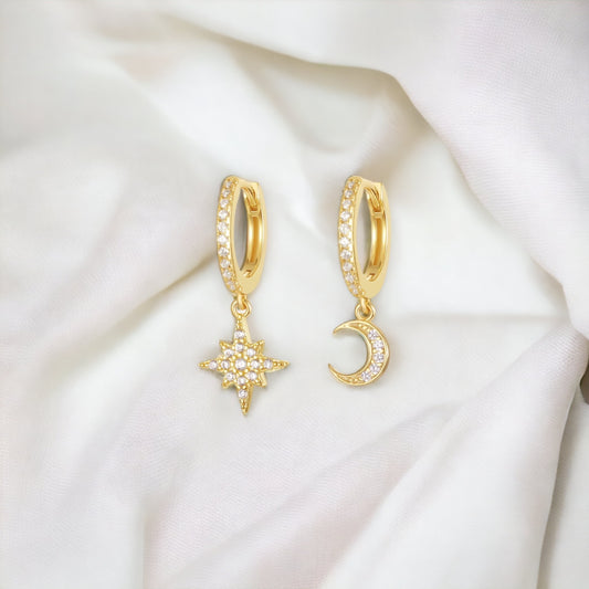 Gold Pave Celeste Star & Moon Huggie Earrings