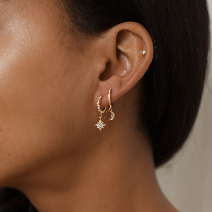 Gold Pave Celeste Star & Moon Huggie Earrings
